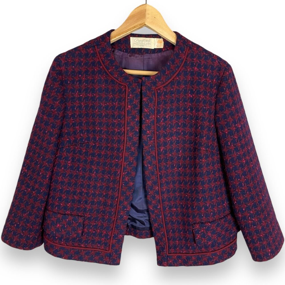 Vintage 1960s Pendleton Blazer‎ Wool Red Navy 3/4 Length Sleeves Professional